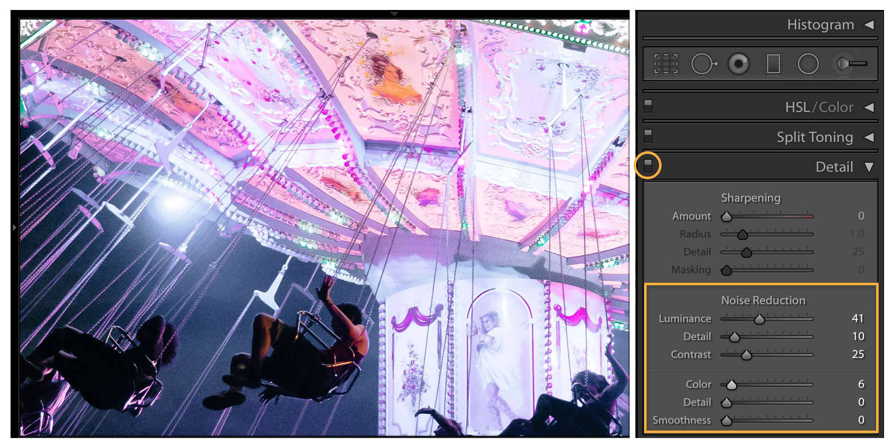 Detail and Contrast sliders are used to fine-tune noise reduction improvements made by adjusting the Luminance.