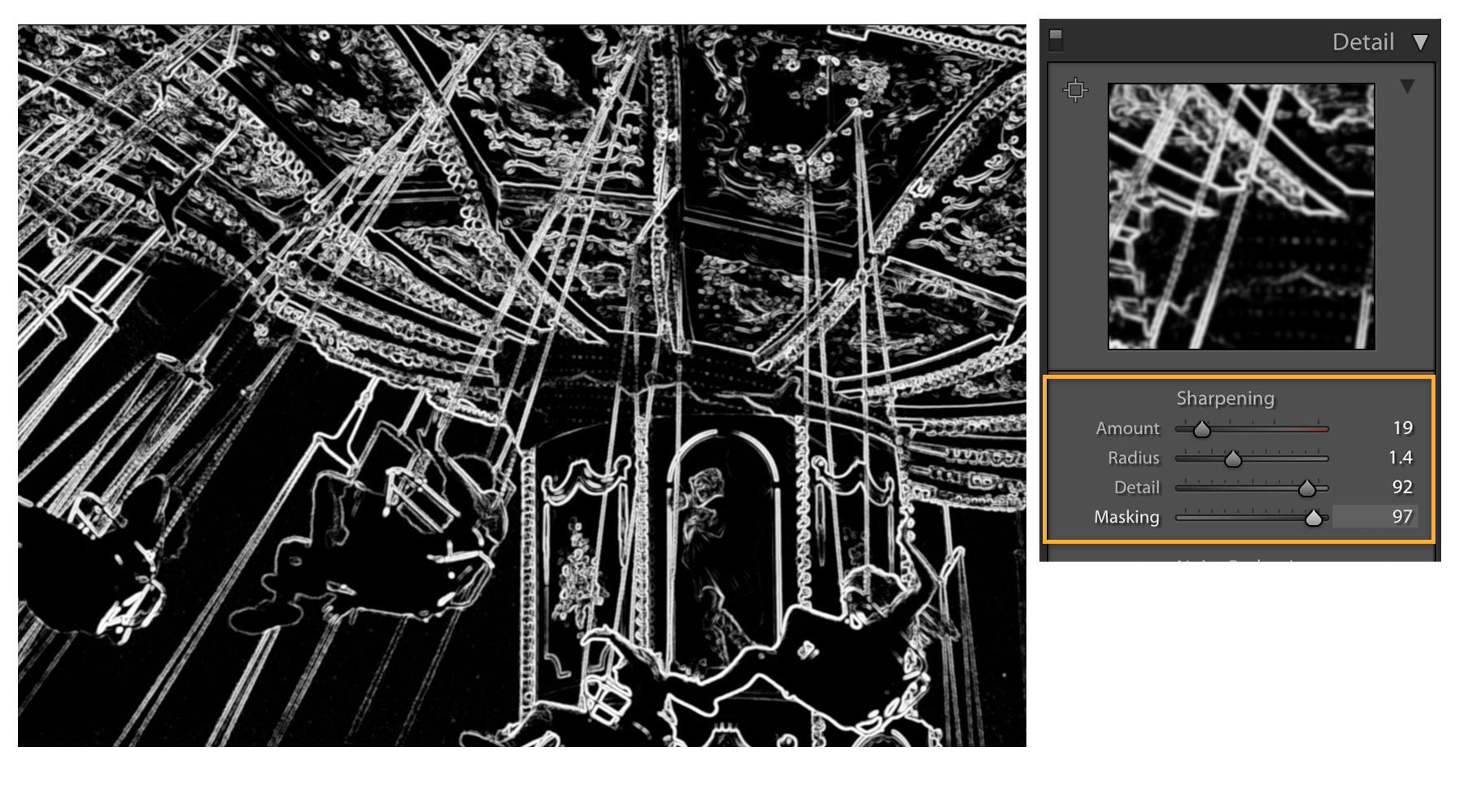 The image is switched to black and white to clearly see details refined by Sharpening.