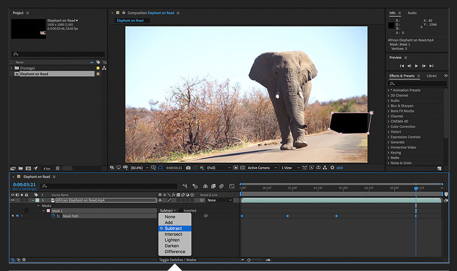 The selection around the cars is a mask with Subtract blending mode. A hole appears, masking the objects.
