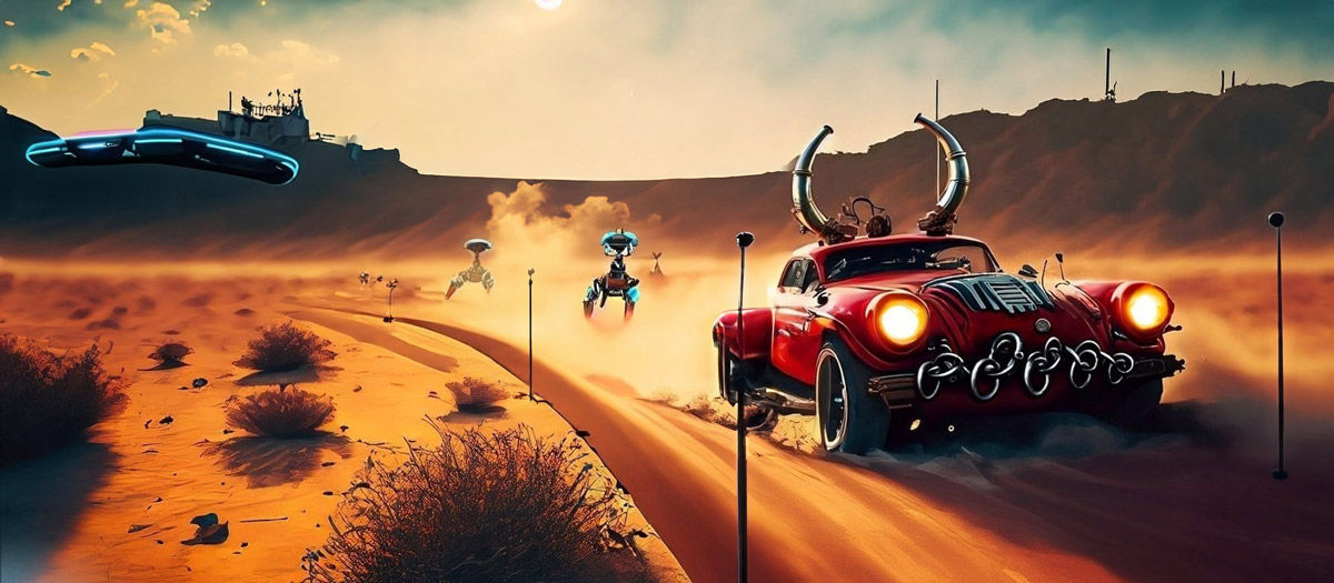 A classic red car with large chrome engine parts and tailfins drives on a desert road under a clear blue sky. One futuristic flying vehicles hover above, and several figures on hoverbikes follow behind.