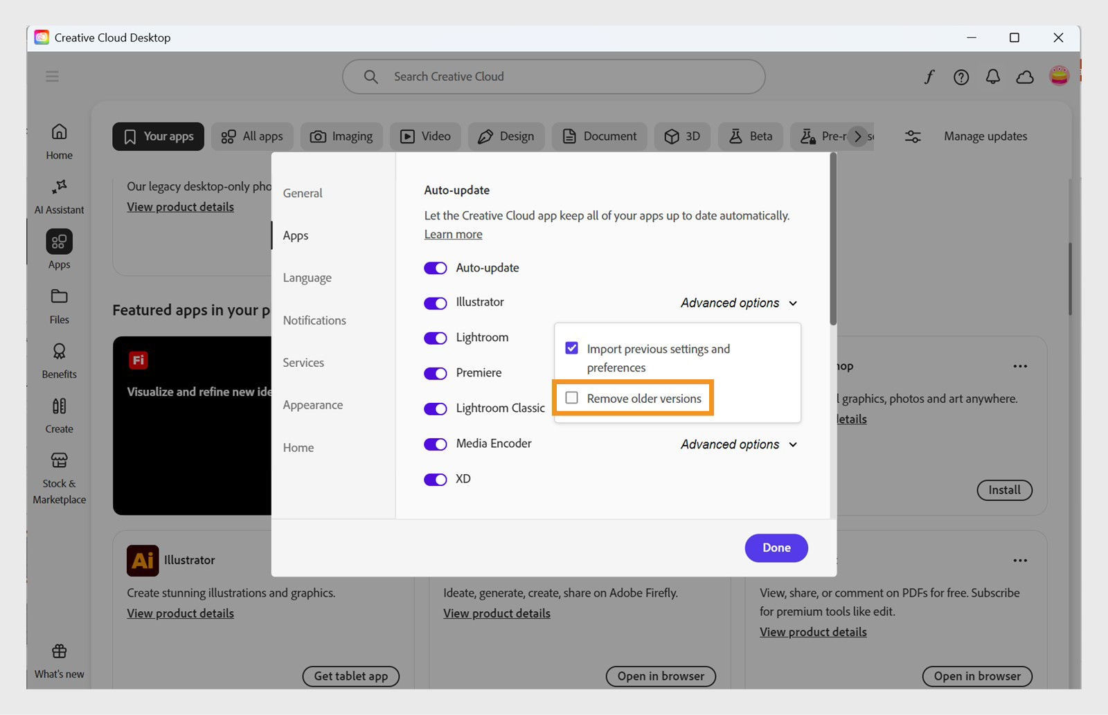 The Advanced options for each app in the Apps tab provides the option to remove older versions of your apps or keep them. 