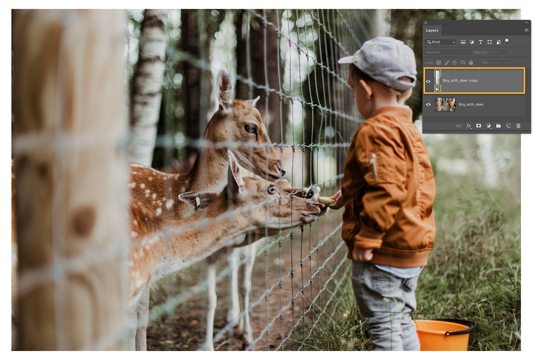 The original image and the new content are on separate layers in the Layers panel.   