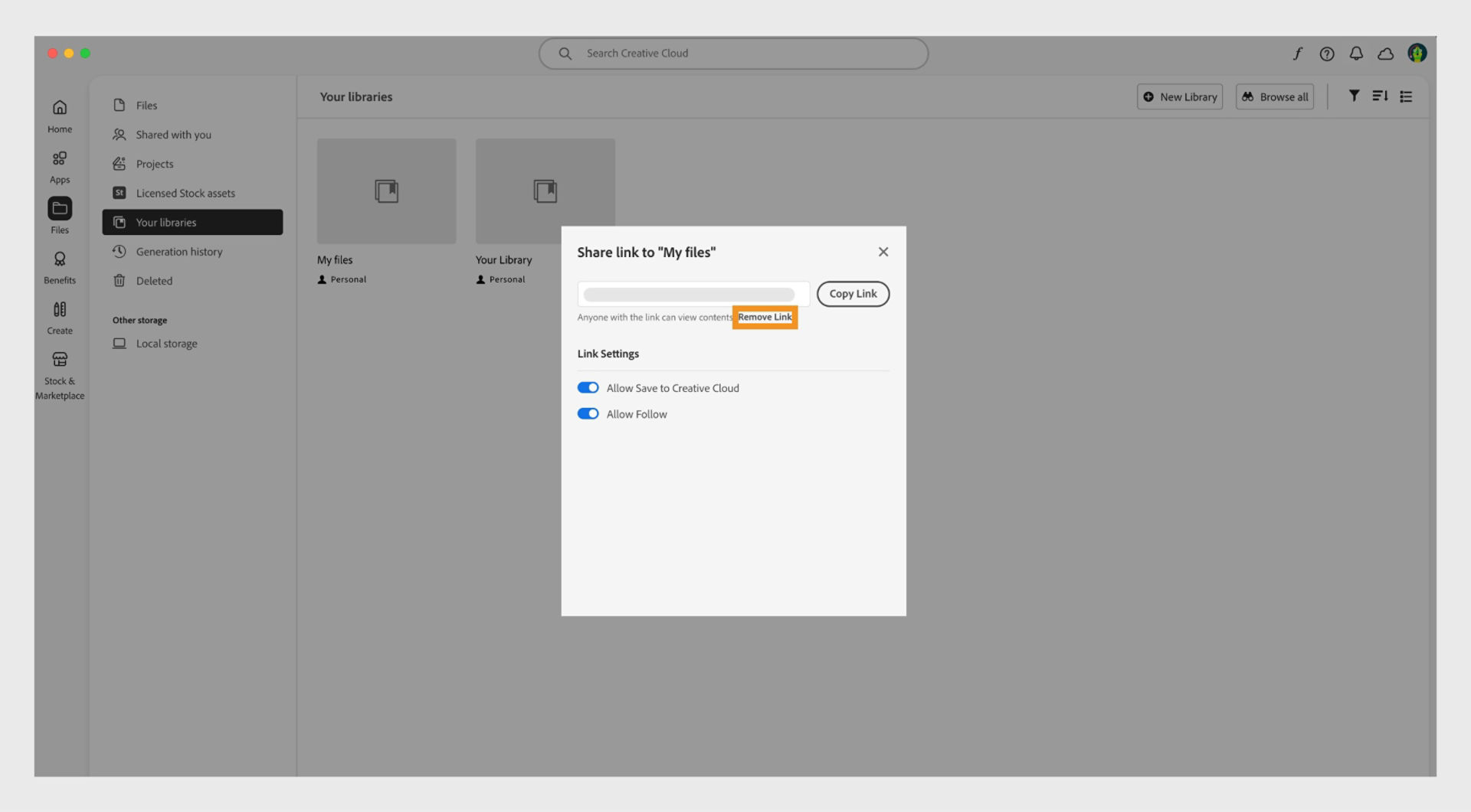 The Remove Link button, located below the shareable link in the Share link window, allows you to revoke access to the library using the shared link.