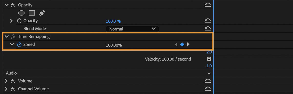 The Effect Controls panel shows the Time Remapping effect expanded. The Toggle Animation button for Speed is turned on and it has a value of 100%. 