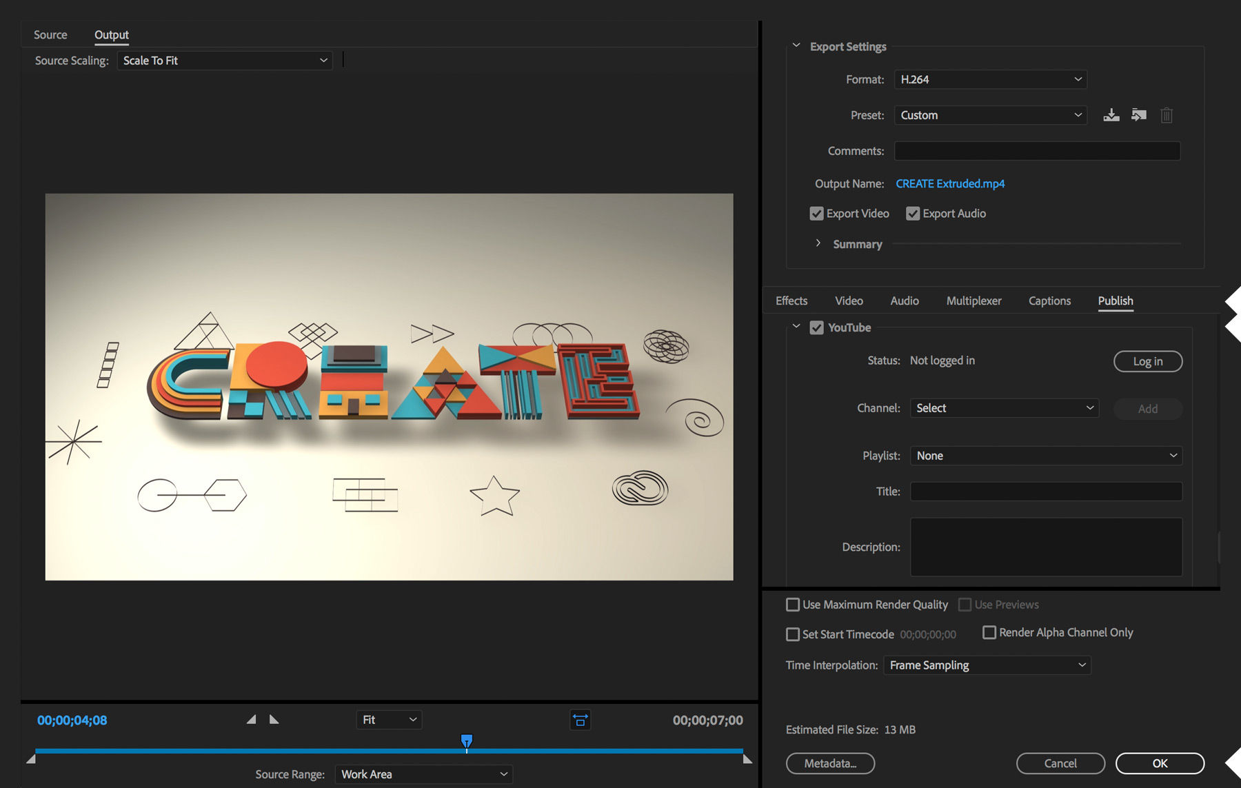 Adobe Media Encoder uploads videos to YouTube after the user logs in.