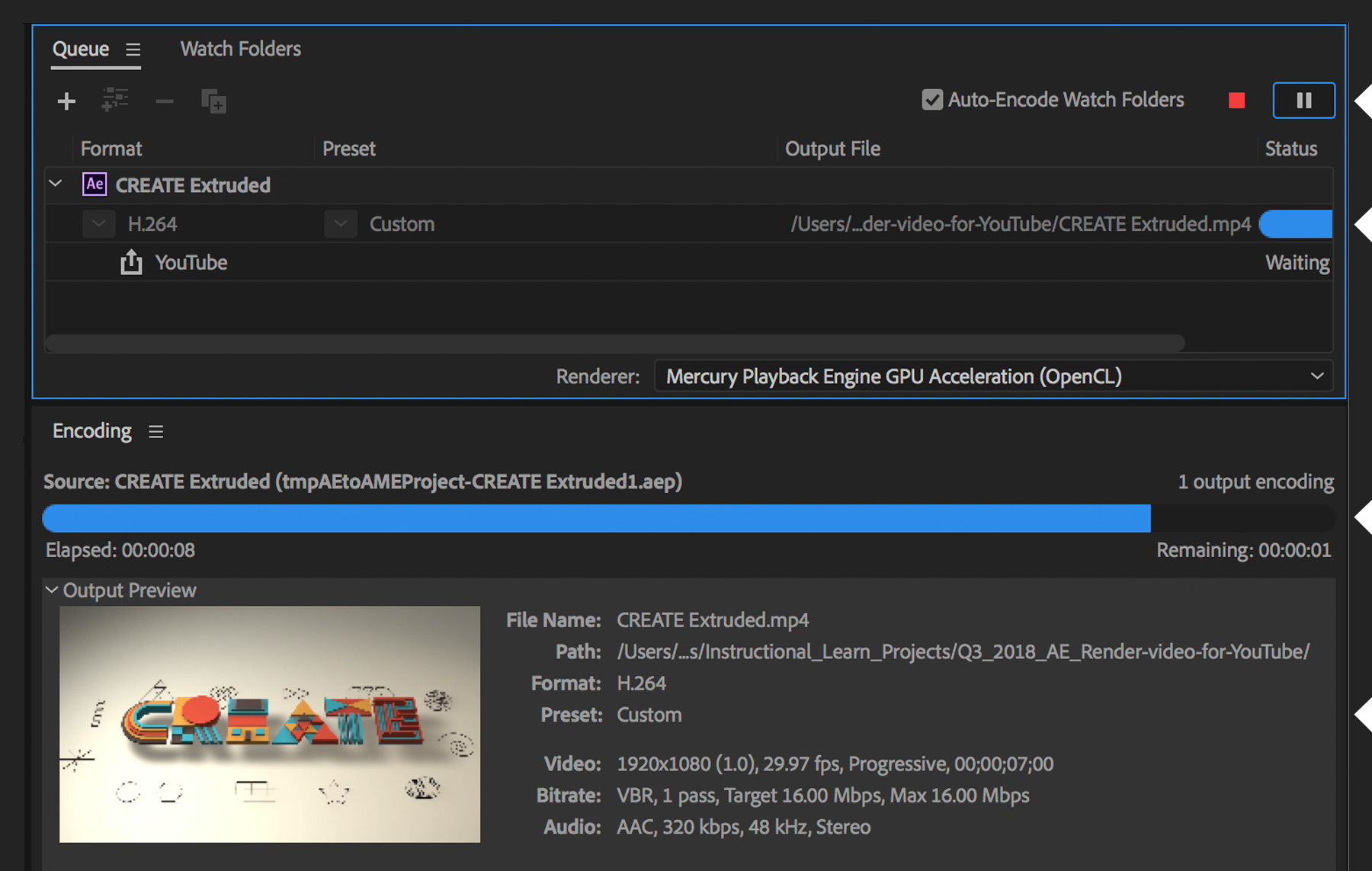 After clicking the Start Queue button, Media Encoder renders the video and uploads it to YouTube.
