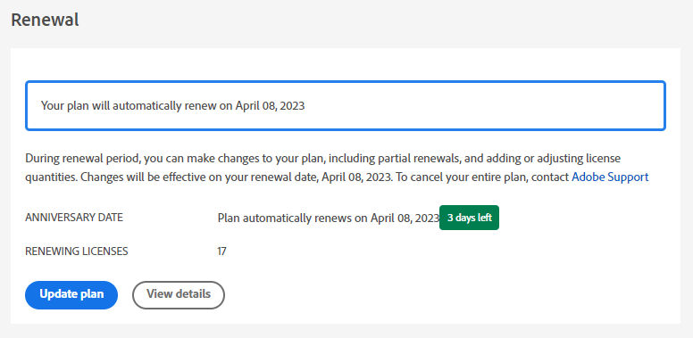 Renewal section on the Account page displaying options to Update plan and View details.