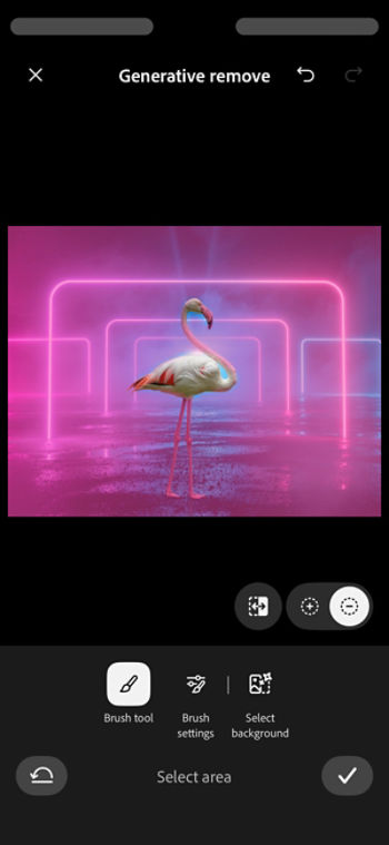 Firefly mobile workspace shows the Generative Remove screen with options like Add, Subtract, the Brush tool, and Select background.