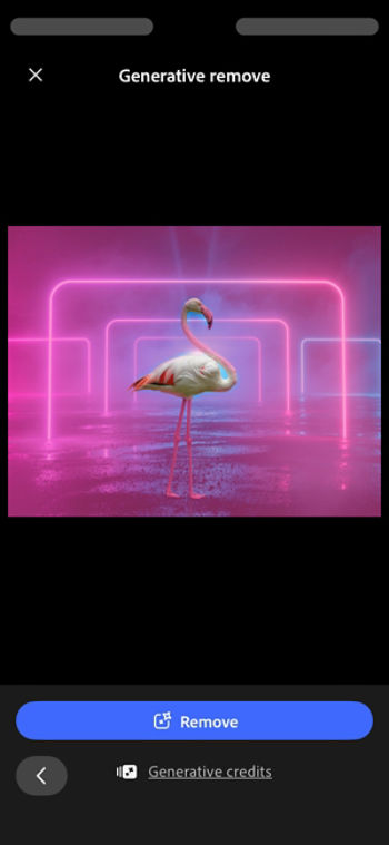 Firefly mobile shows the Generative Remove screen with an image's background selected and the Remove button displayed.