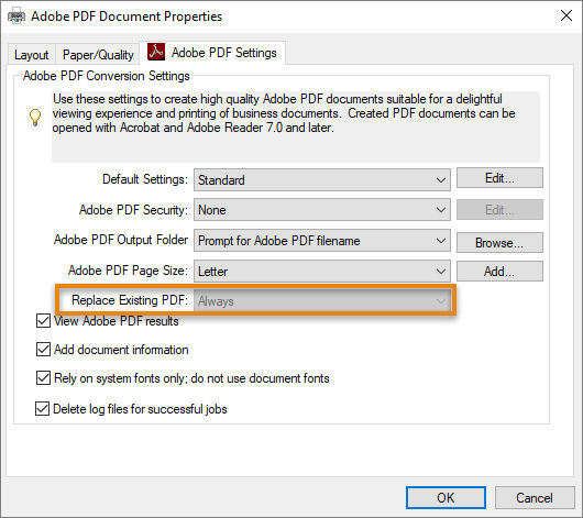 The Adobe PDF print settings dialog