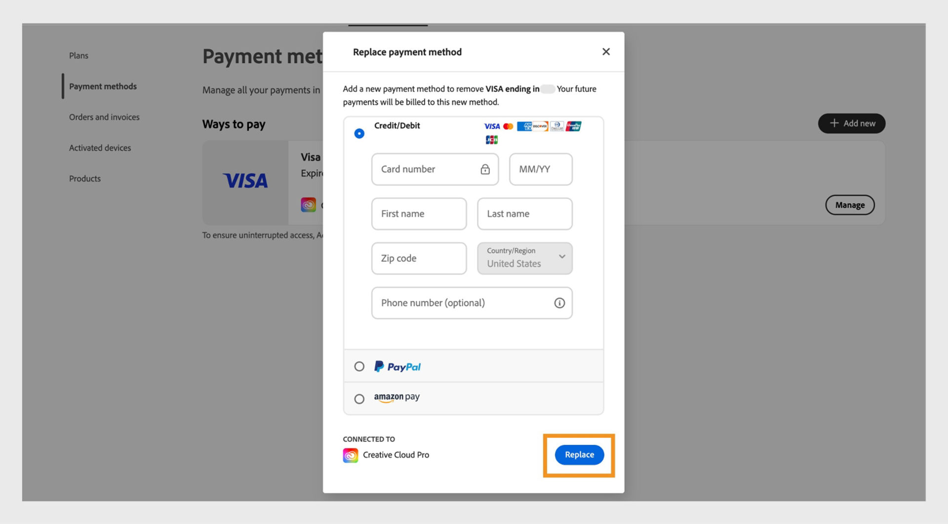 The Replace payment method window provides the option to replace the existing payment method with the new method after you enter the new payment information.