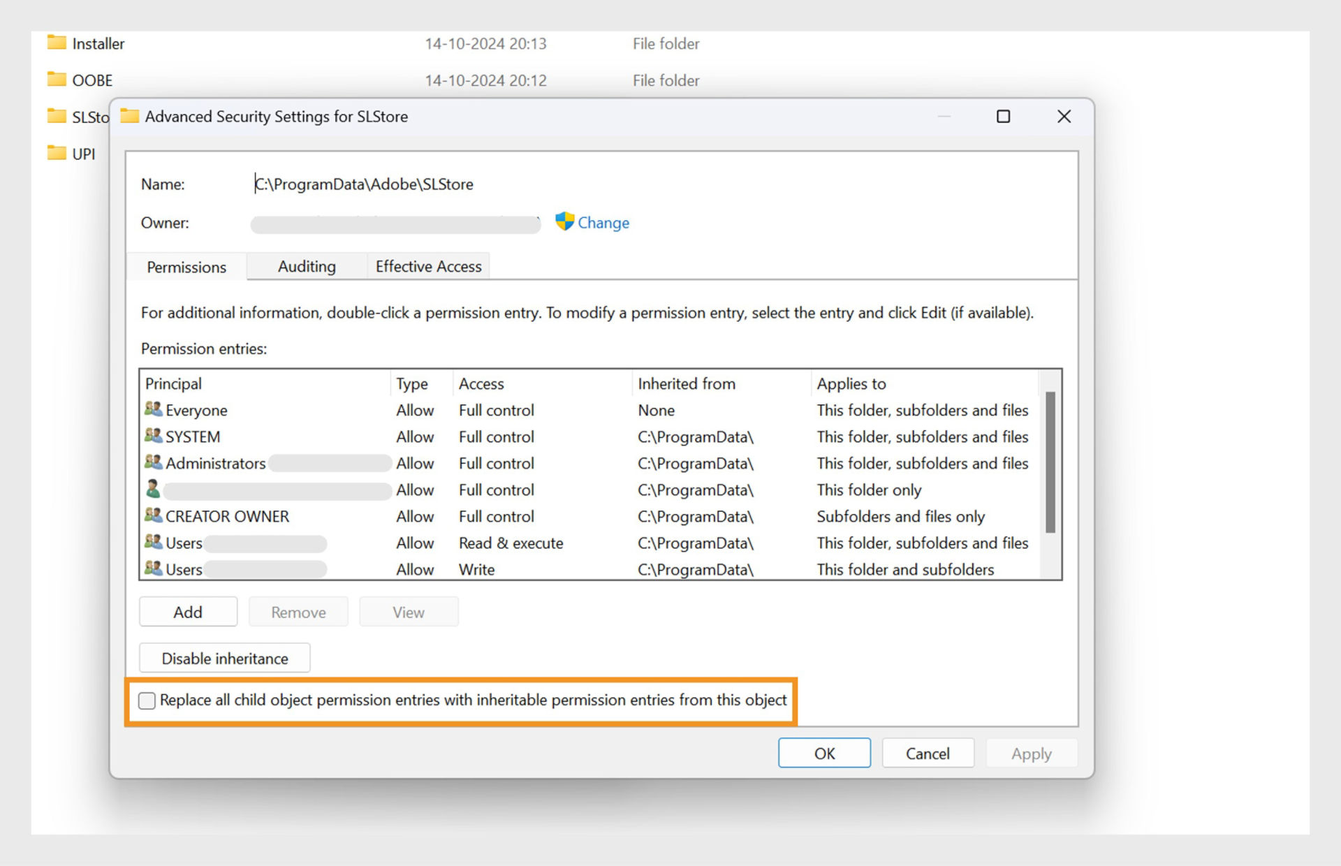 The Permissions tab in Advanced Security Settings window showing file path, owner, and options to edit permissions, save and cancel. 