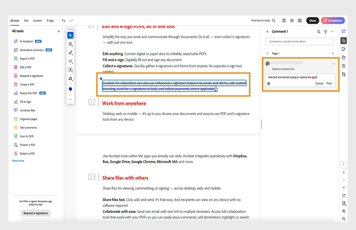 As you type, the selected text gets a strike-through. Meanwhile, a draft icon pops up, and the comment is in focus.