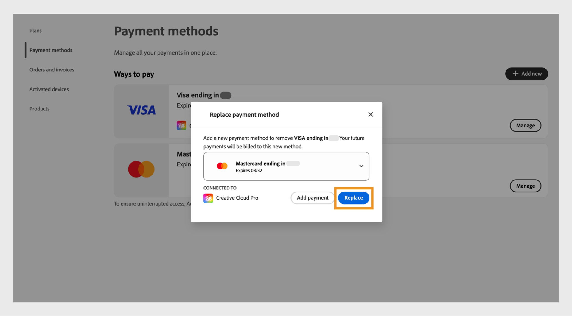 The dropdown menu in the Replace payment method window allows you to replace the existing payment method with a backup method.