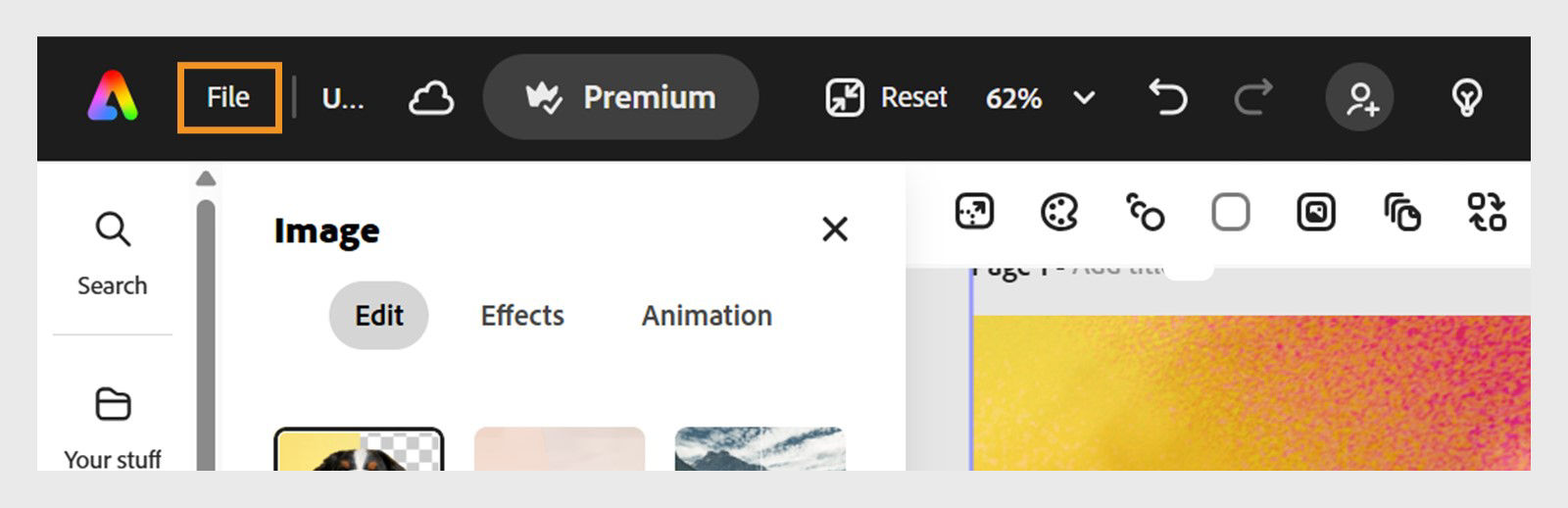 A design open in the Adobe Express editor with the Image panel open in the left and the header displaying various options with the File option highlighted.