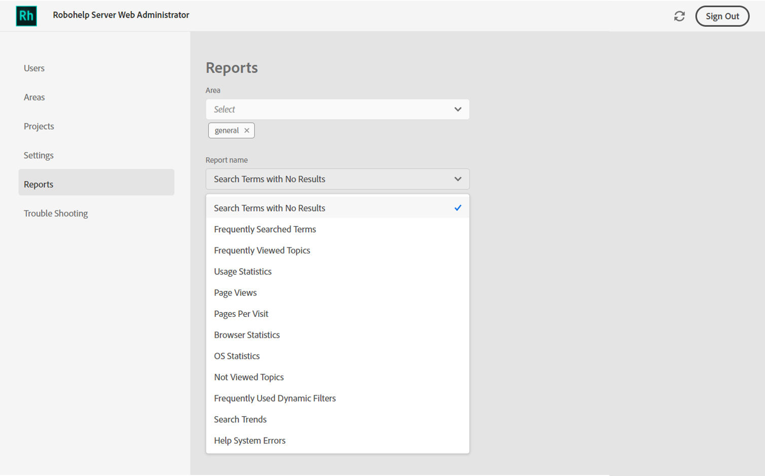 An illustration of the Reports dialog box in RoboHelp Server Web Administrator