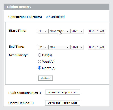 Screen for setting what training reports to view