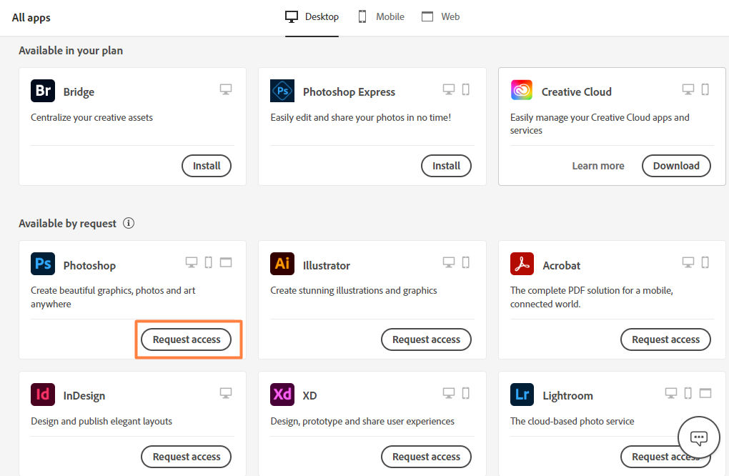 Creative Cloud desktop app with the Request access button highlighted