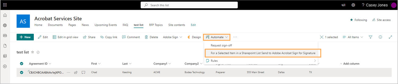 Signaturen für ein SharePoint-Listenelement über Acrobat Sign für Power Automate anfordern