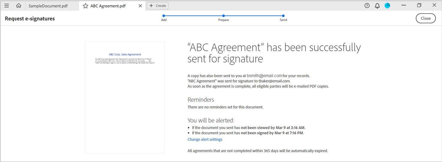 Agreement sent confirmation message.