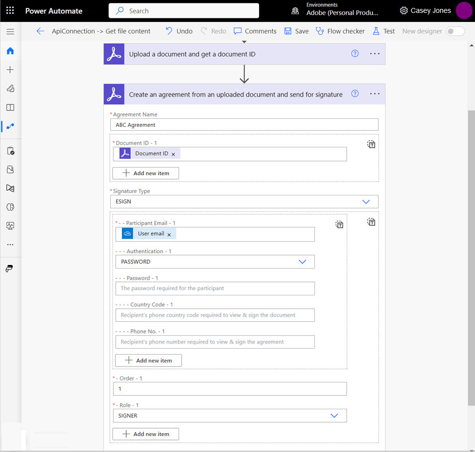 Request signature for a SharePoint file via Acrobat Sign for Power Automate