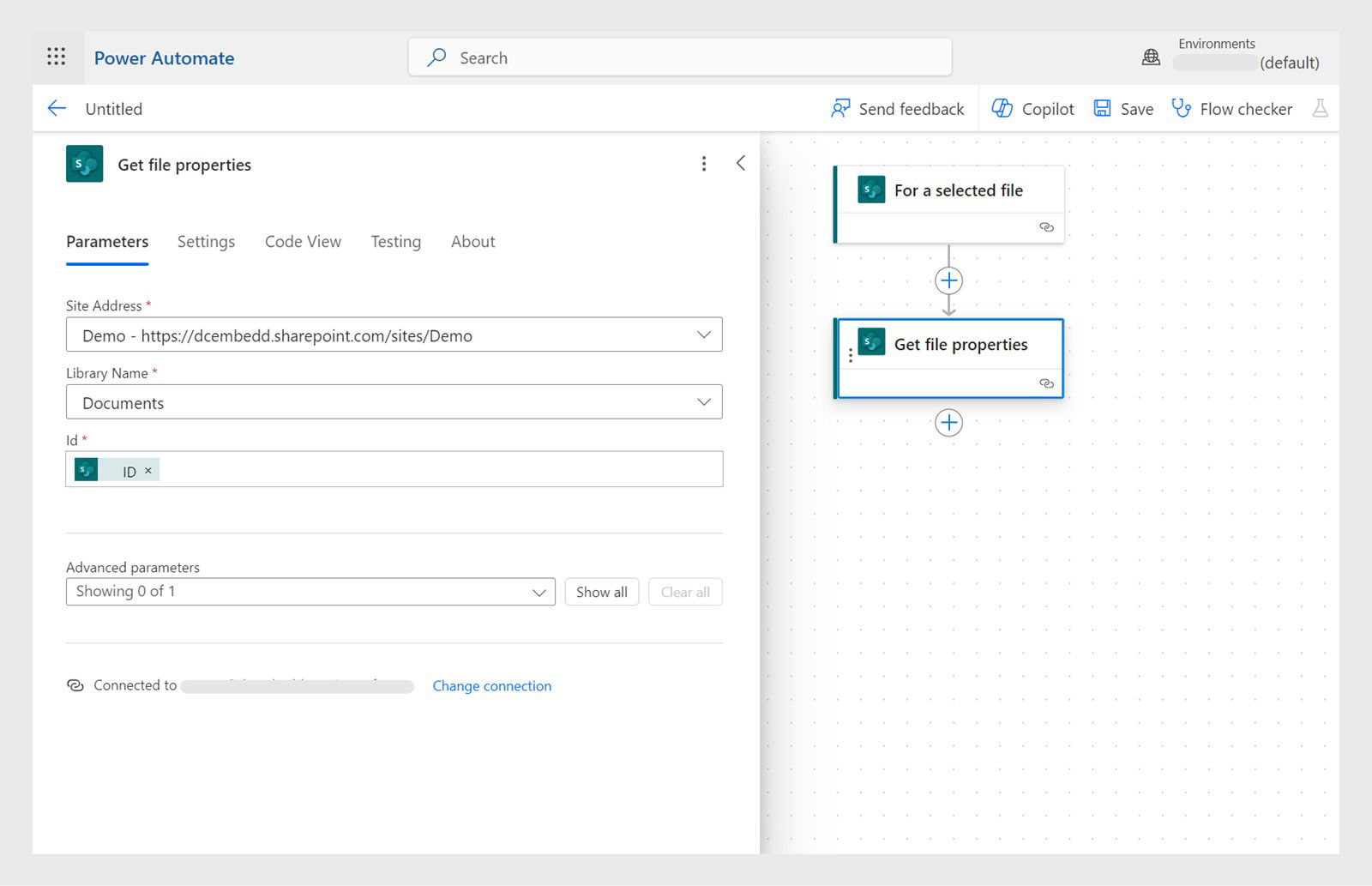 Select + and then add SharePoint Action 'Get File Properties' and add the details.