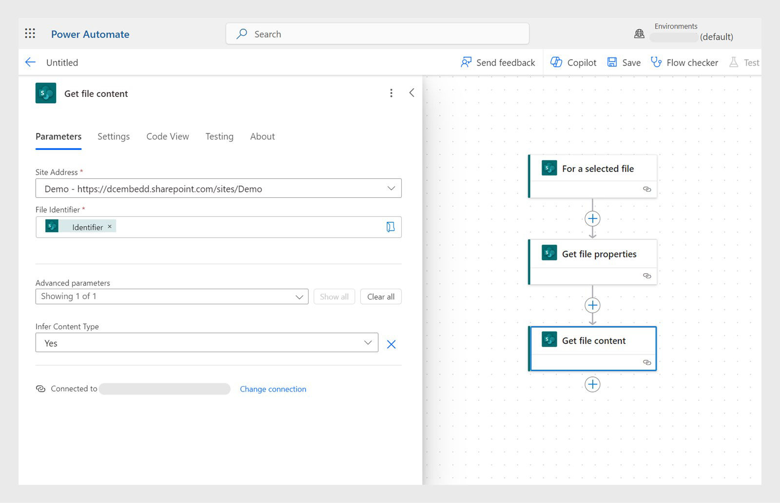 Aggiungi l’azione di SharePoint “Ottieni contenuto del file” con identificatore.