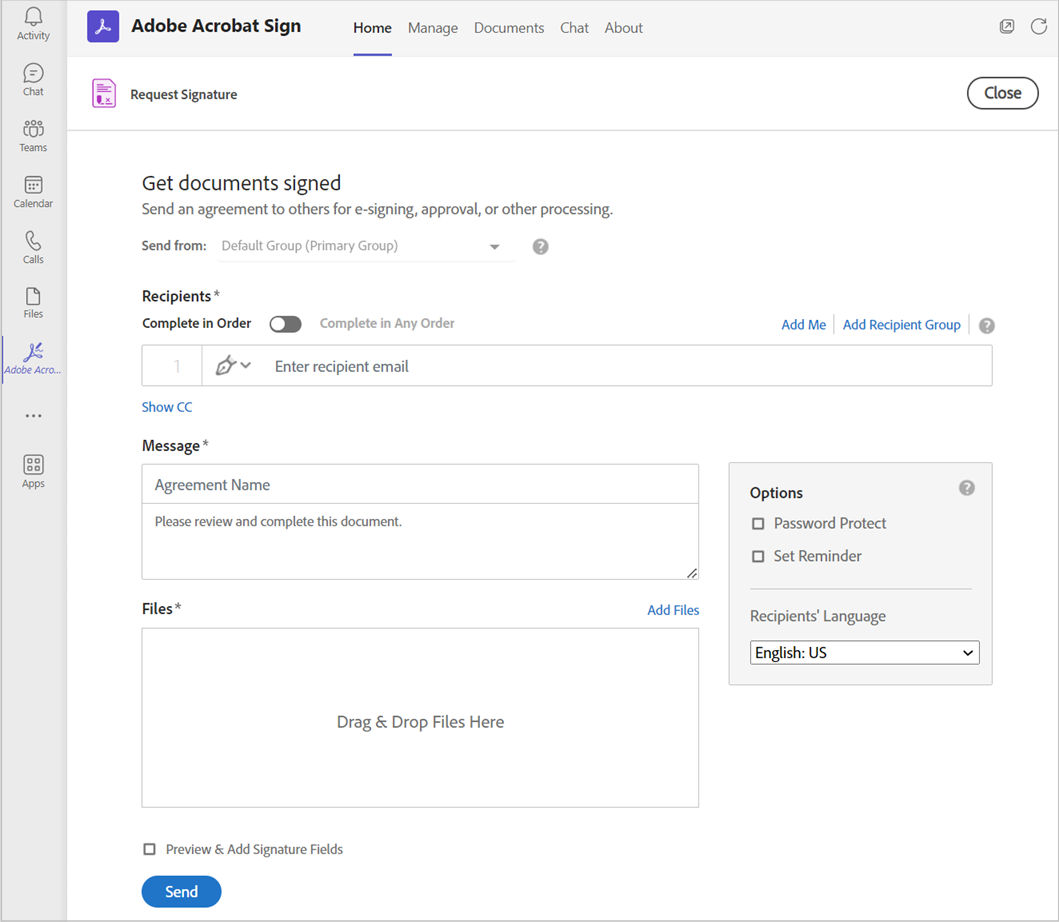 Request signature using Adobe Acrobat Sign for Teams.