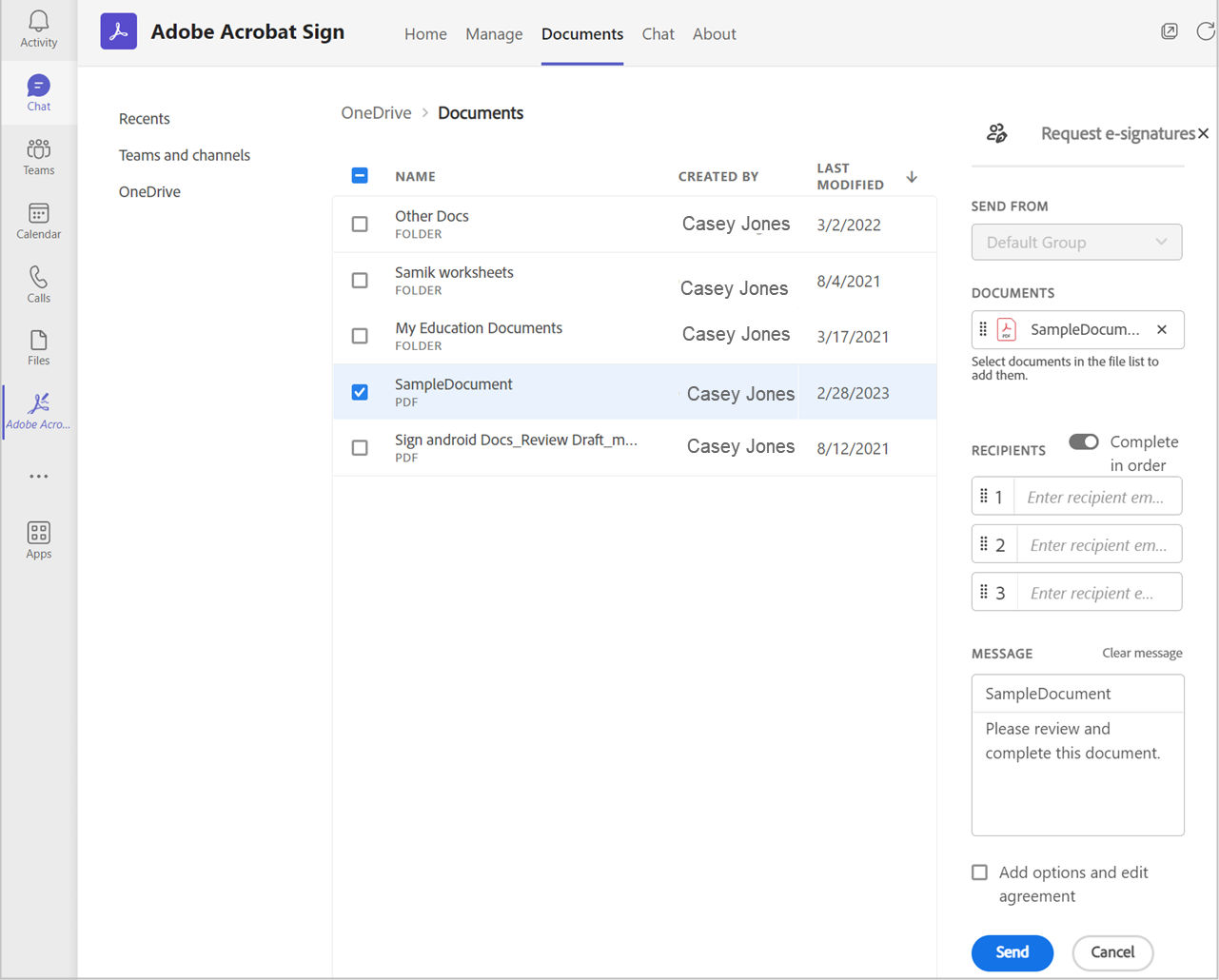 Request signature from Documents tab.