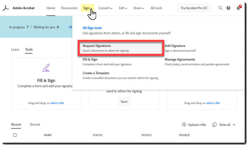 Request signatures via menu