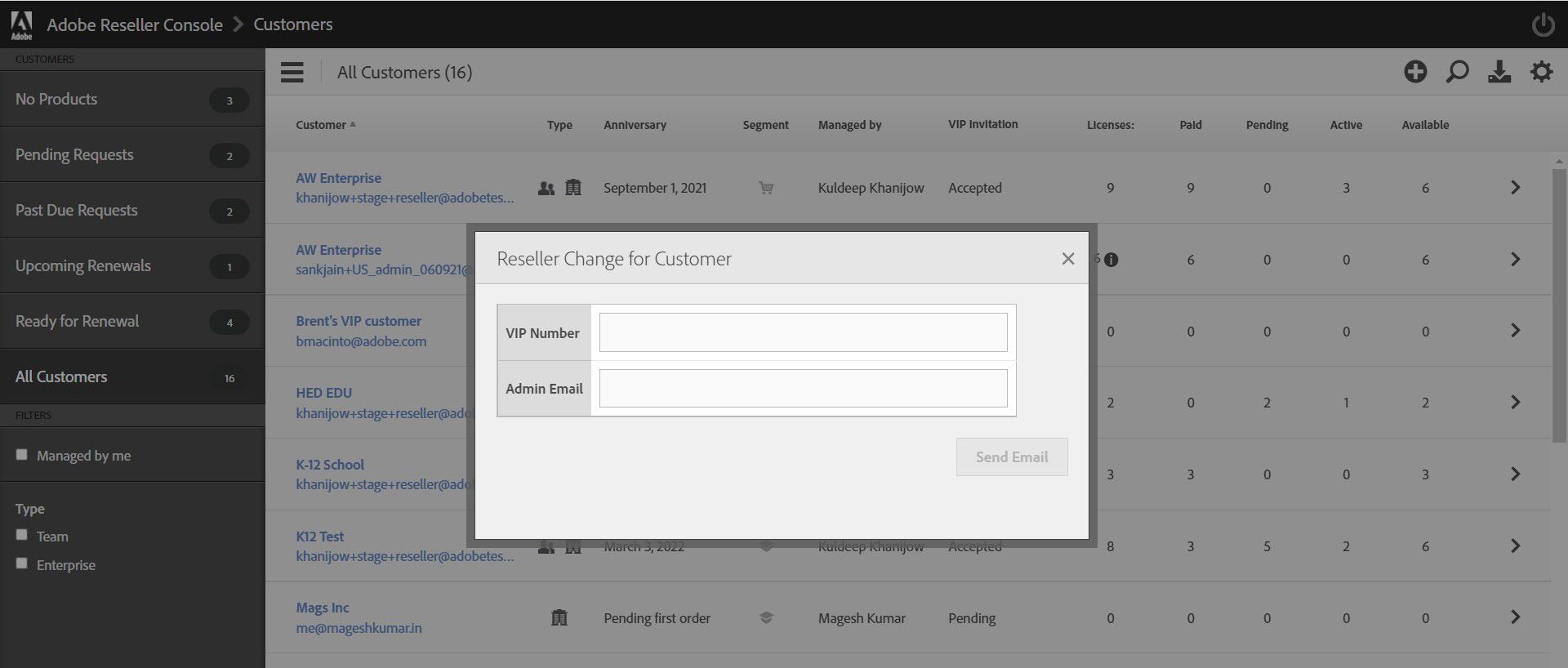 image displays Reseller Change for Customer dialog with entry fields: VIP Number and Admin Email