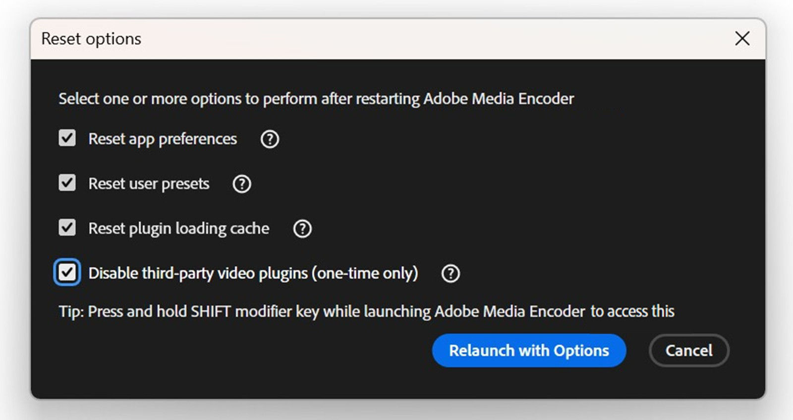 The Rest options dialog box is open and has options to reset preferences, presets, plugin cache, and disable third-party plugins. Includes a Shift-key tip and Relaunch with options and Cancel buttons.