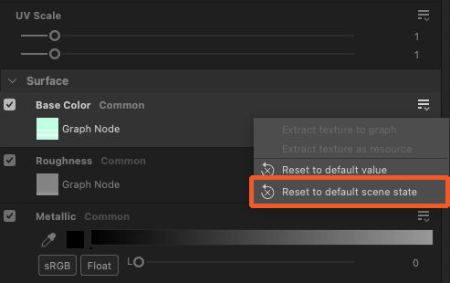 Reset to scene state - Action in material properties
