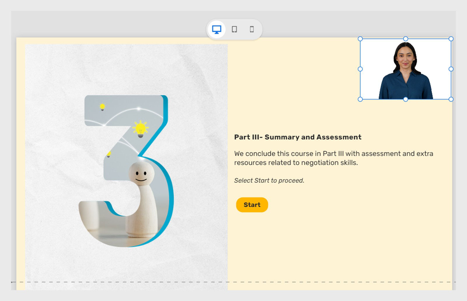 Captivate slide with an avatar that has corner handles for resizing and can be repositioned by dragging.
