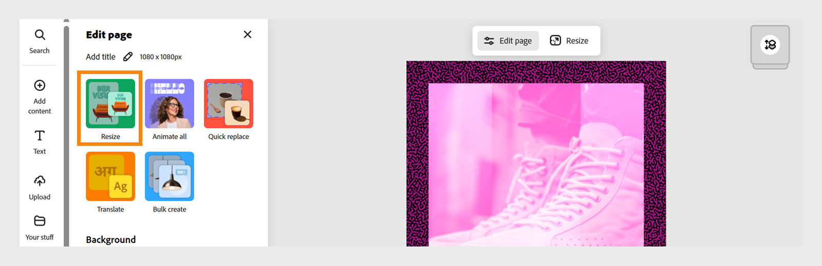 The Adobe Express editor shows the Edit page panel on the left with multiple options, including Resize, Animate all, Quick replace, Translate, and Bulk create. The Resize option is highlighted with an orange border. On the right, a pink-toned sneaker design is visible on the canvas.