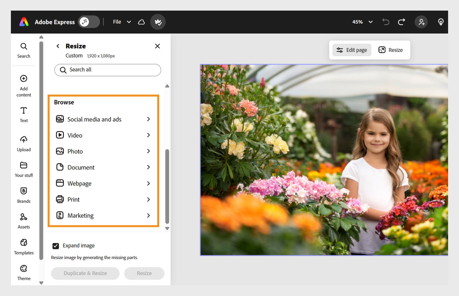 Adobe Express interface showing the Resize tool. The left panel includes options like Search, Add content, Text, Upload, Brands, Templates, and Theme. The Resize section displays a search bar and a “Browse” menu with categories such as Social media and ads, Video, Photo, Document, Webpage, Print, and Marketing. Below is a checkbox for “Expand image” with the description “Resize image by generating the missing parts.” The main canvas on the right shows an image of a person among colorful flowers in a garden setting.
