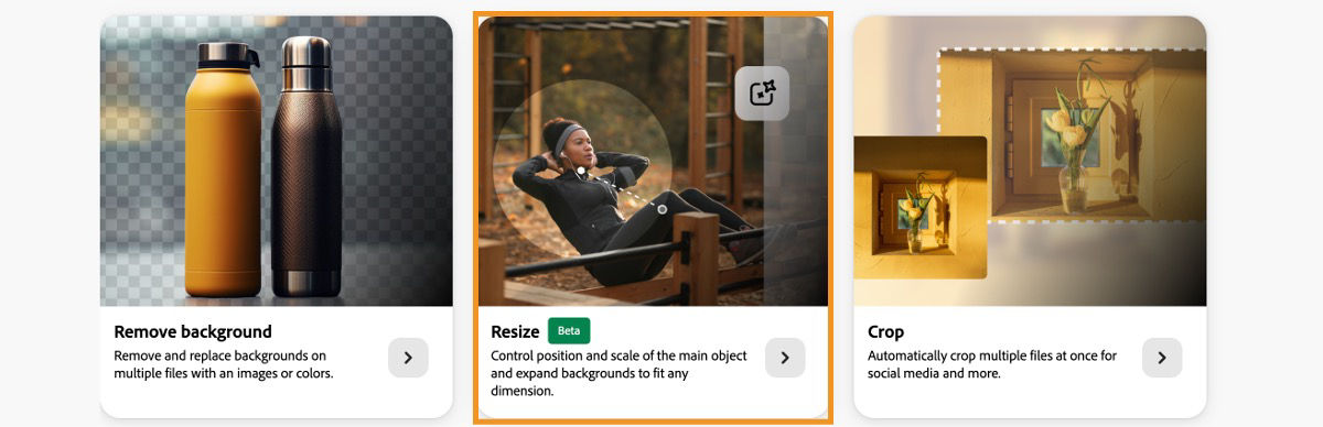 The Creative Production page is open, and there are multiple actions to choose from, such as Remove Background, Resize, and Crop. Currently, the Resize action is selected.
