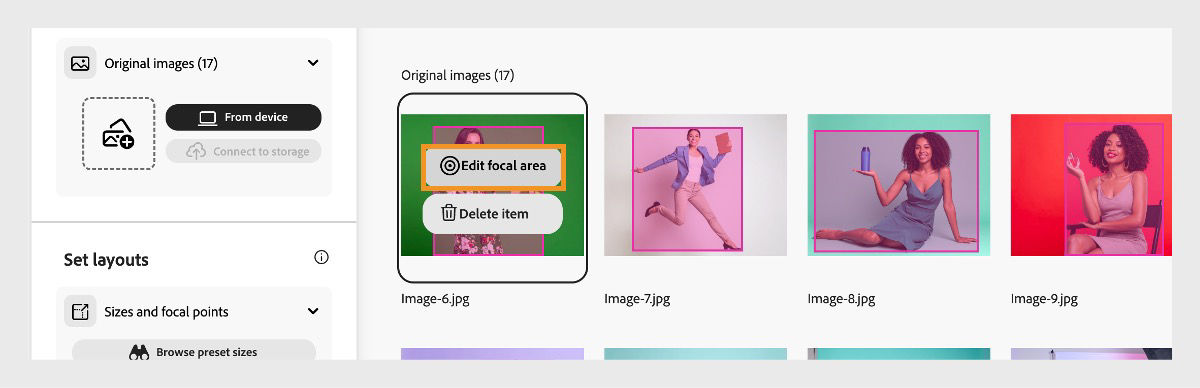 One of the original image with a resize overlay is selected and the Edit focal area option is highlighted.