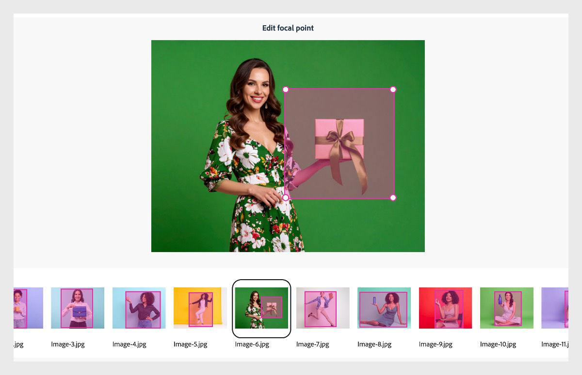 The Edit Focal Point view is open, featuring an adjustable crop option. A list of uploaded images is available for selecting and adjusting the resize crop box.