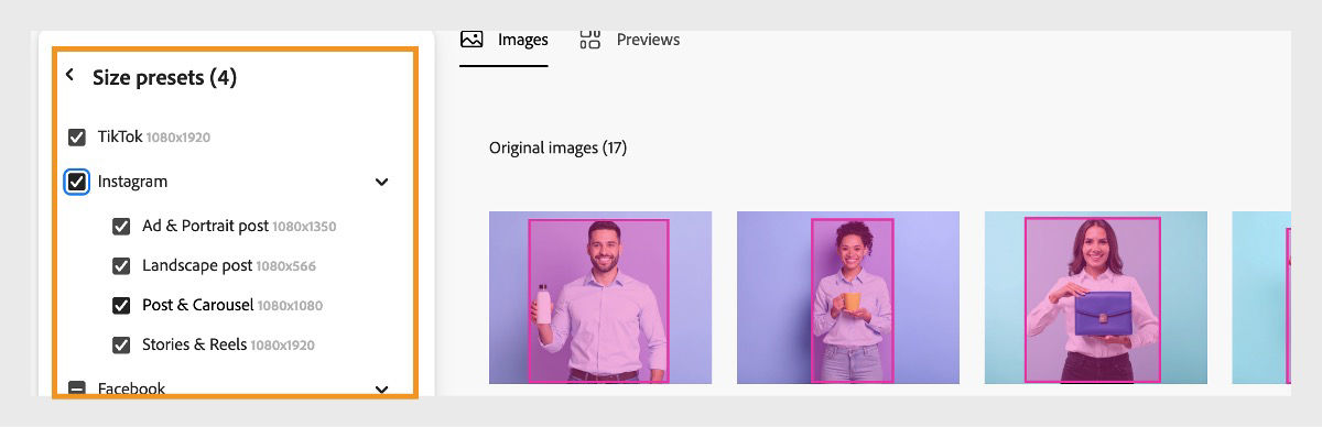 The Set layouts section is open, and under the Sizes and focal points option, you have the option to browse and select from the preset sizes for image resizing.