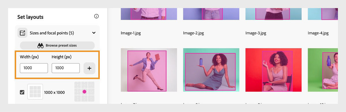 In the Set Layouts section, under Sizes and Focal Points, you can add custom dimensions by specifying the width and height in pixels. Currently, a size of 1000 × 1000 pixels has been added.