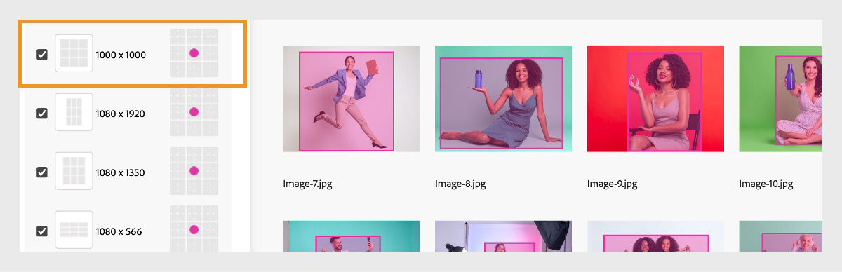 The composition layout is displayed for each of the uploaded images and a pink dot indicates the focal point for the image.