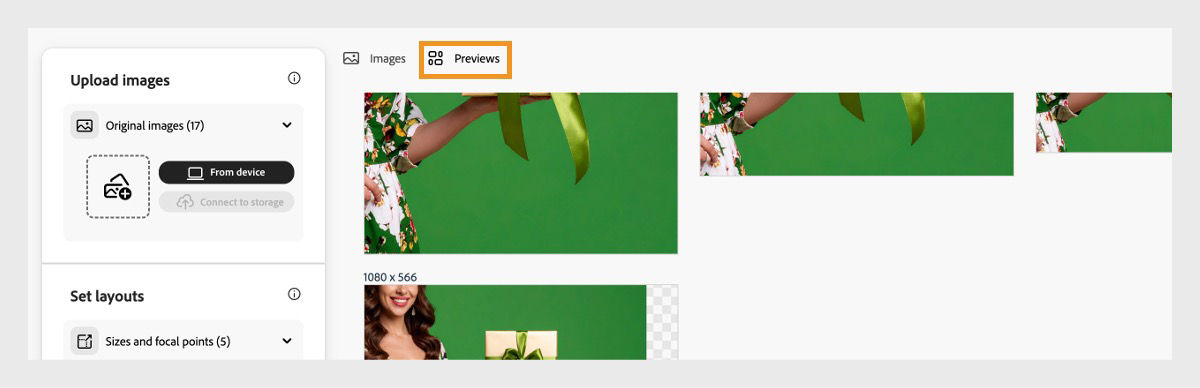 The Previews tab is selected, showing a list of resized image previews.