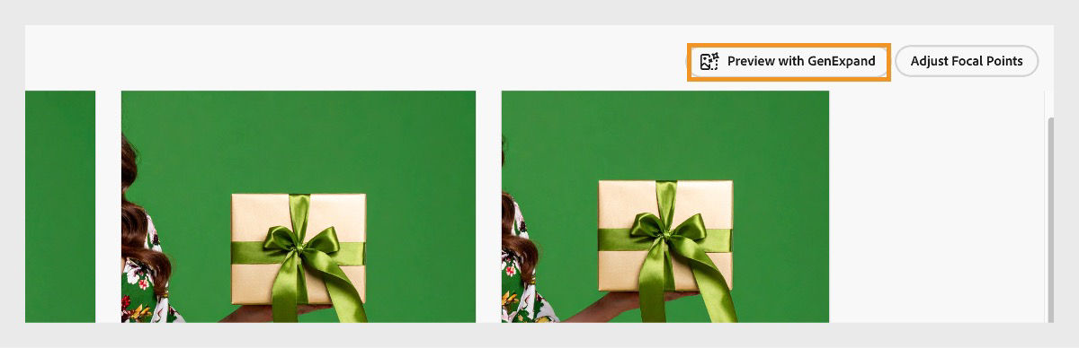 In the Preview tab, images are displayed with specified focal points and dimensions, and the Preview with GenExpand option is highlighted.