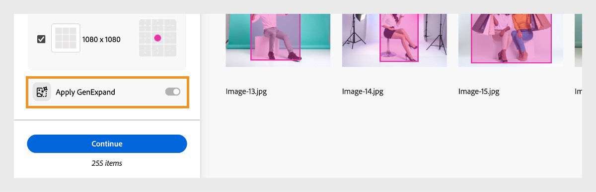 The Apply GenExpand option is enabled so that if resized images don’t meet the required dimensions, any transparent areas can be filled using AI-generated expanded content.