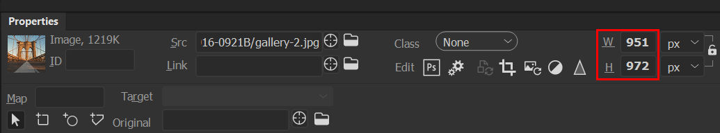 Adjust the width and height of an element using the Property Inspector