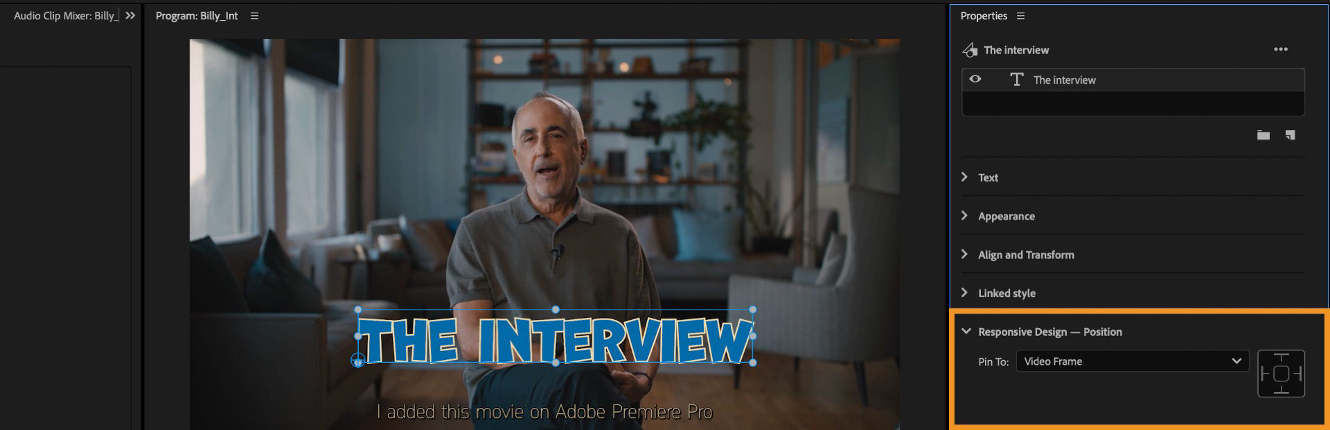 Premiere Pro interface showing the Responsive Design — Position option set to pin text to the video frame.