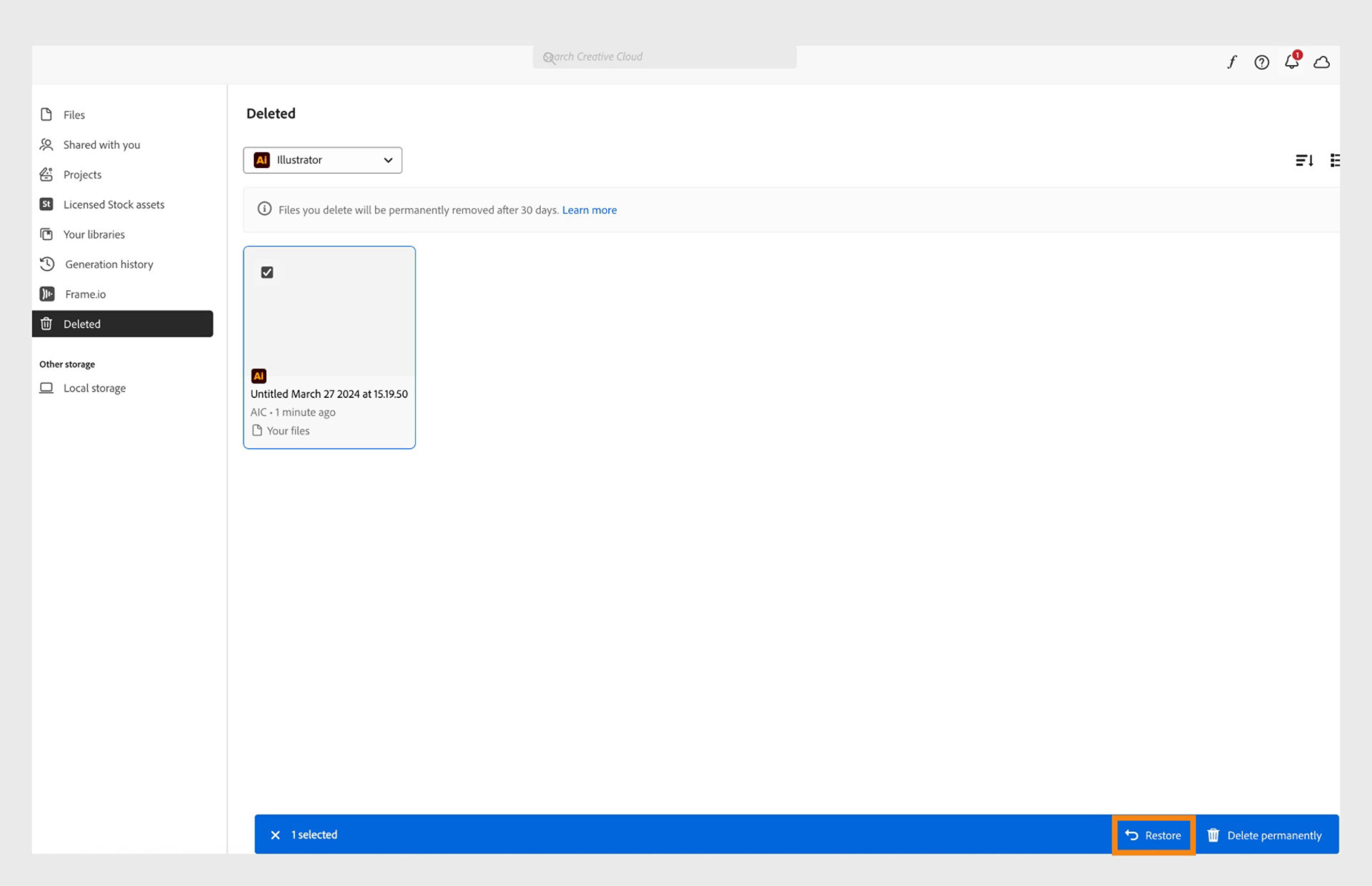 The blue ribbon, that appears at the bottom when you select your files in the Deleted tab, provides the option to restore your cloud documents. 