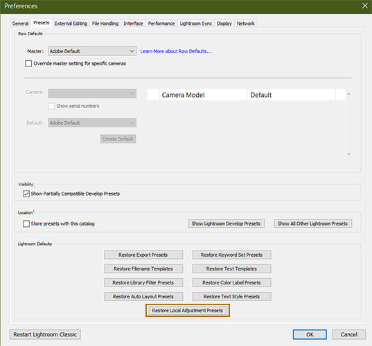 Restore Local Adjustment Presets