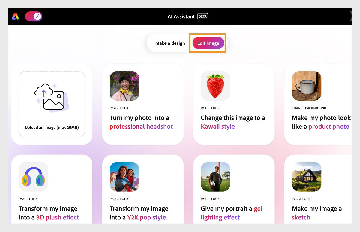 AI Assistant in Adobe Express with the Edit image panel opened, showing image restyling options such as turning a photo into a professional headshot, applying stylized effects, and more.